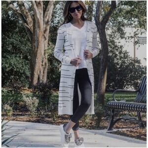 CAbi 5638 Dashes Duster Cardigan Sweater White Black Cotton Rib Knit SZ M